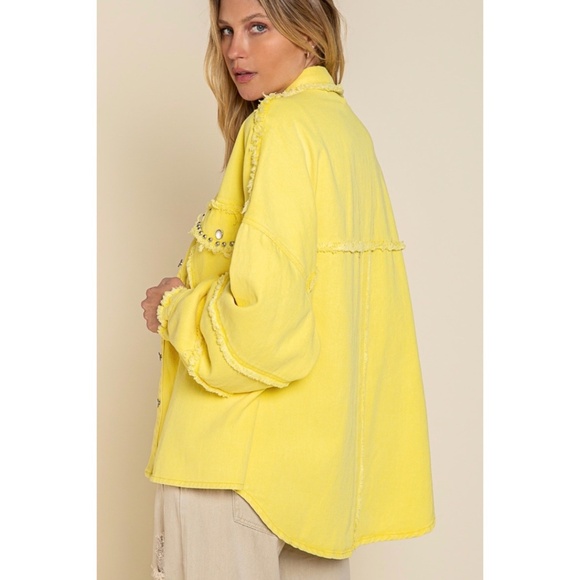 POL Yellow Raw Edge Reverse Seam Denim Shacket - Picture 5 of 8